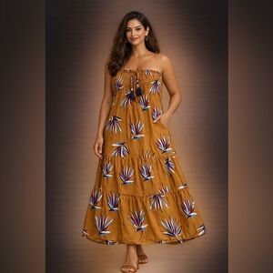 Natura Portugal Sienna Mustard Strapless Maxi Dress Skirt convertible S M 4 6 8